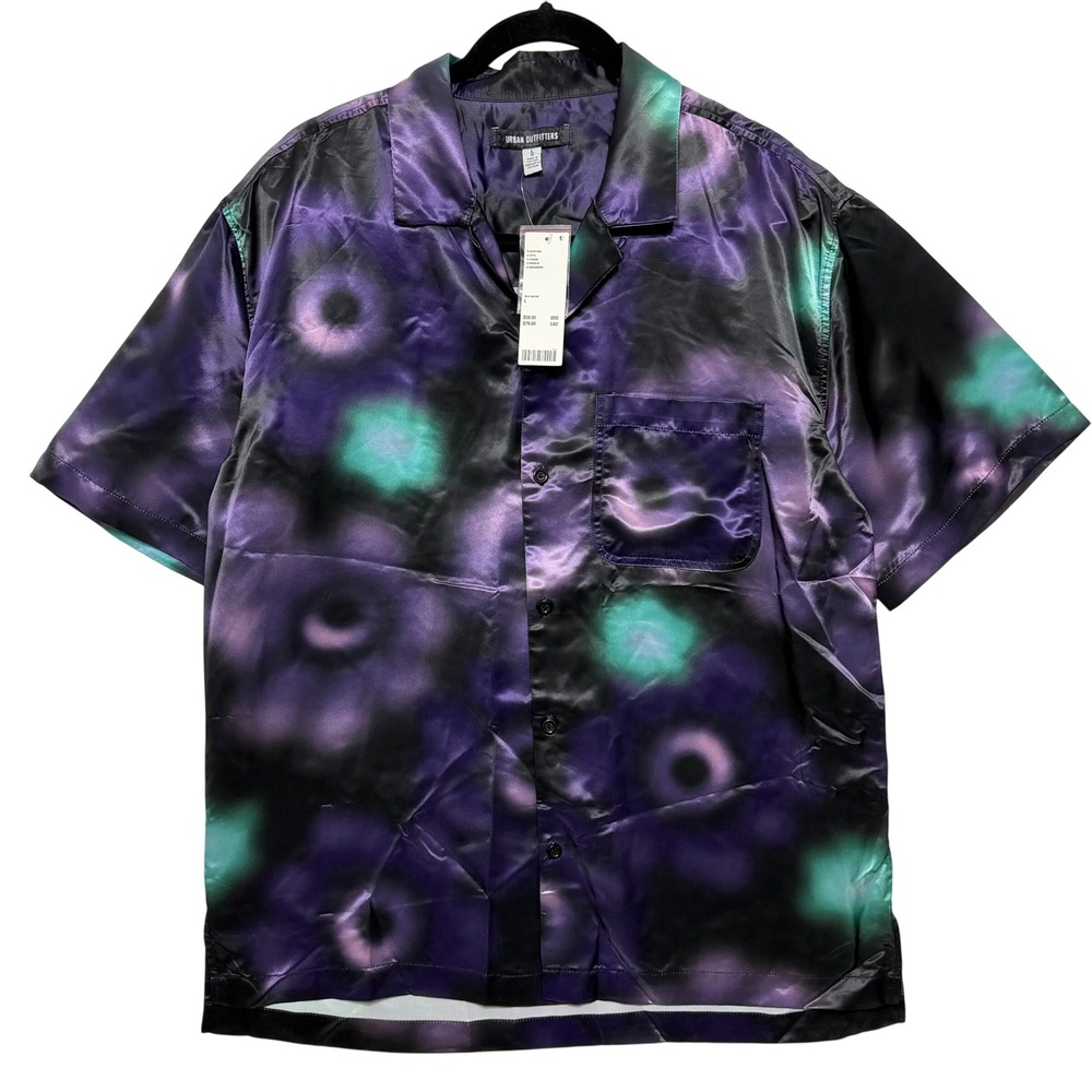 NWT Urban Outfitters Mens Satin Abstract Blur Floral Shirt Purple Teal Large‎ L